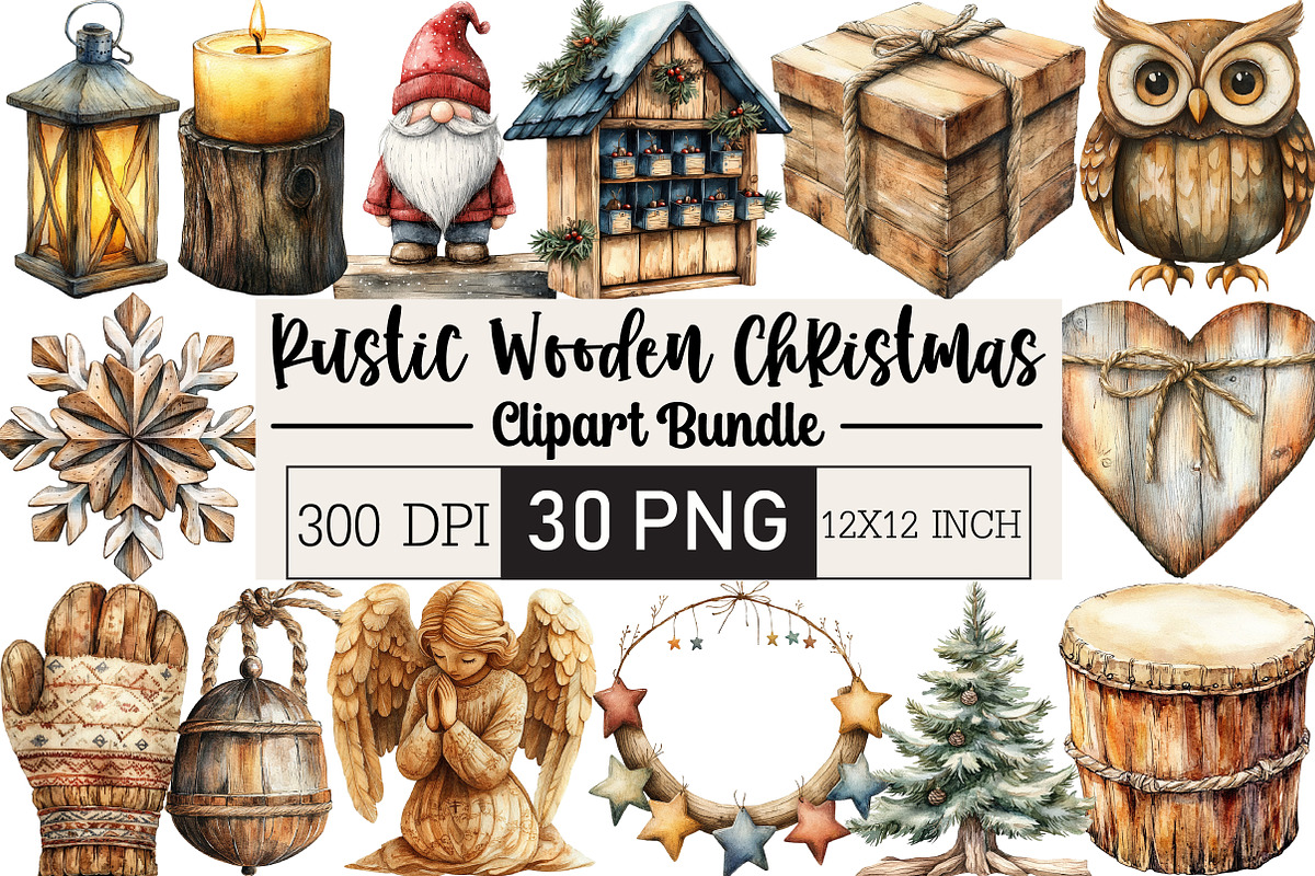 Rustic Wooden Christmas Clipart, an Illustration by Black Bird Studio (Photo 1 of 6)