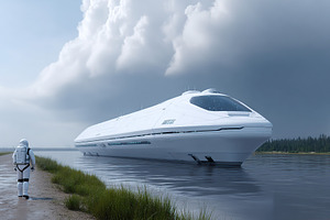 Futuristic spacecraft near a calm water body with an astronaut exploring the su, a Photo by AlyaAnd