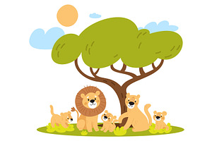 Lion, lioness, and their little cubs, an Animal Illustration by Vectorbuum