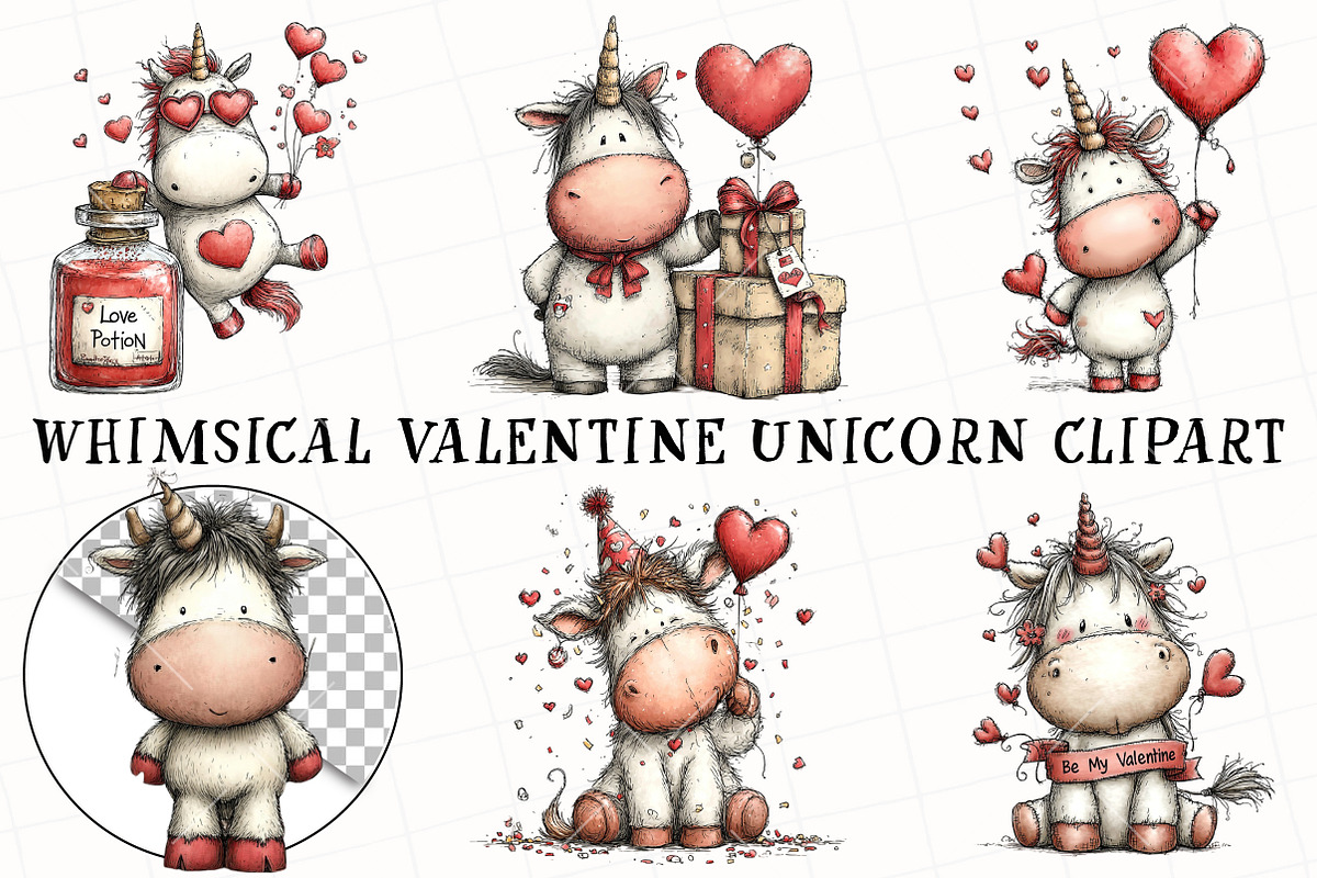 Whimsical Valentine Unicorn Clipart, an Illustration by OK Design (Photo 2 of 6)