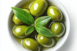 Green Olives in Bowl with Olive Leav, a Food & Drink Photo by Pixeness Studio