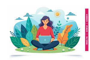 A woman sits on the grass in a park, an Illustration by Tanuart