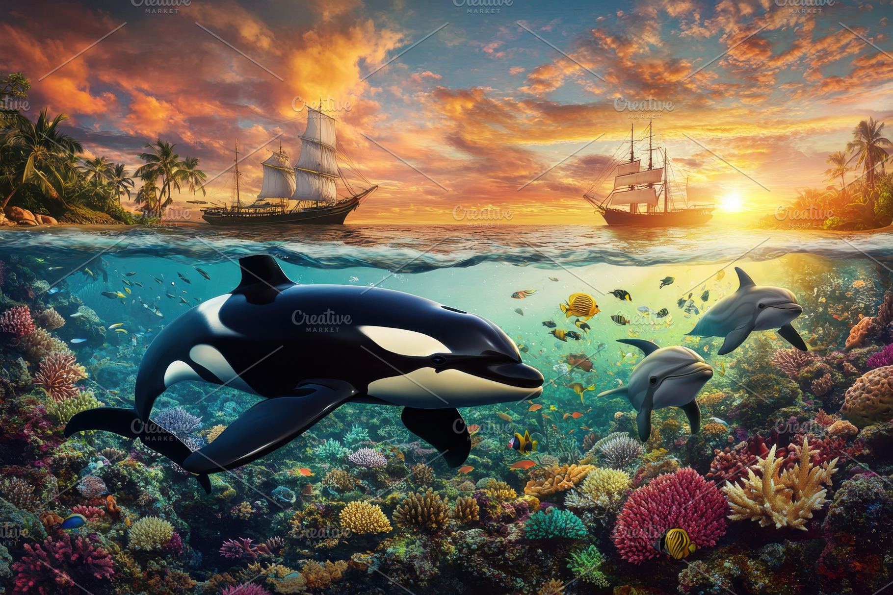 Orca and dolphins swim in vibrant co, a Photo by Pixeness Studio