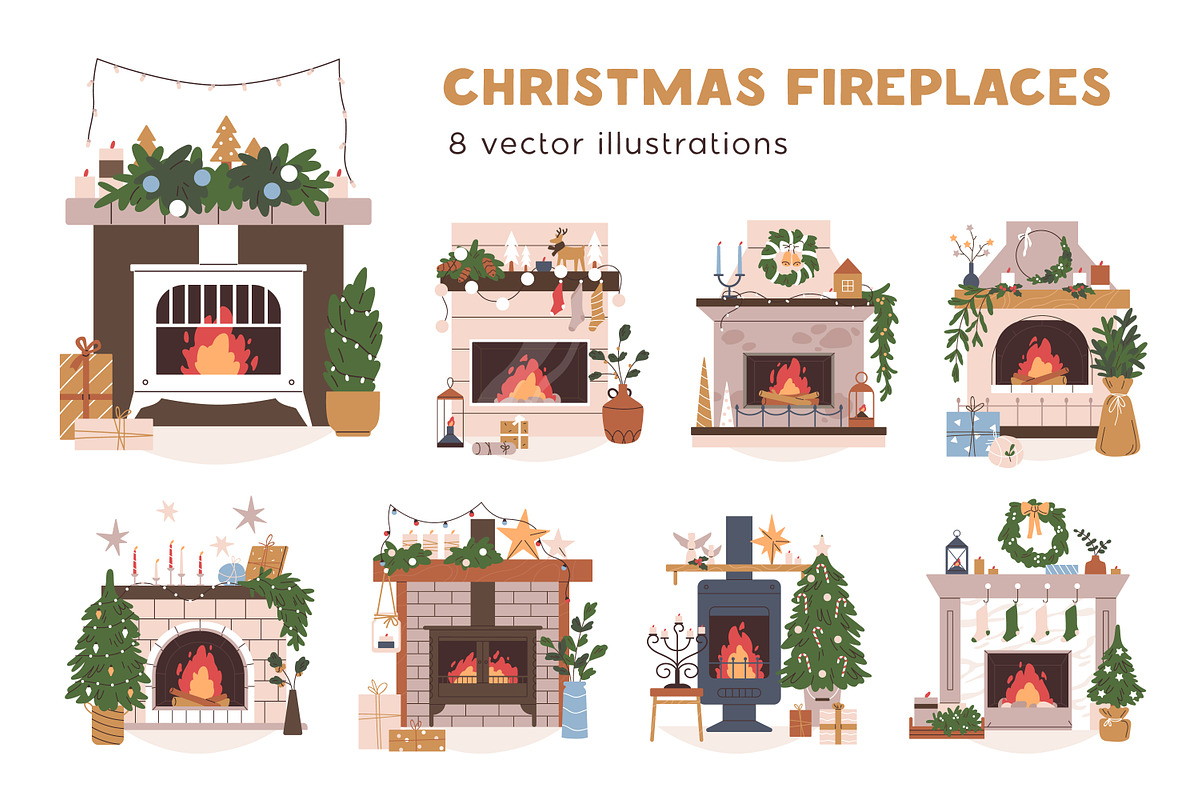 Cozy Christmas home fireplaces set, a Decorative Illustration by Good Studio (Photo 1 of 6)