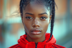 A young Black woman with braided hair, wearing a vibrant red ath, a Sports & Recreation Photo by ImageMir