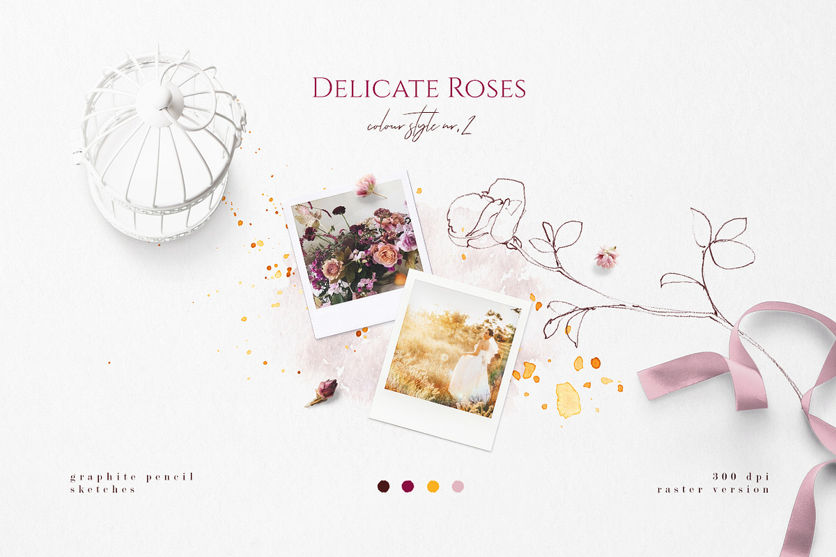 Delicate Roses - Hand Drawn Clipart, a Texture Illustration by Aquarellina (Photo 4 of 15)