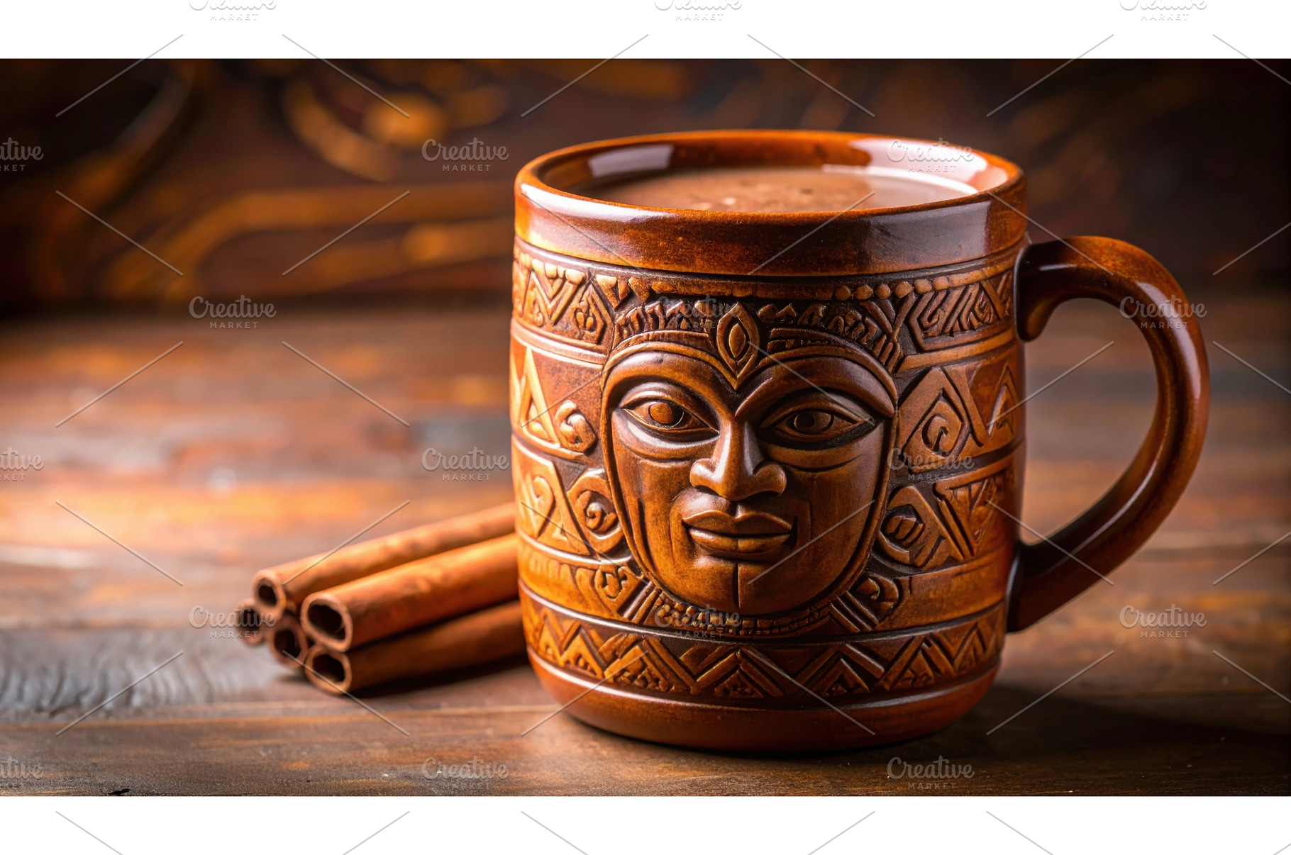A detailed tribal-style mug with hot, a Food & Drink Photo by Igor Tichonow