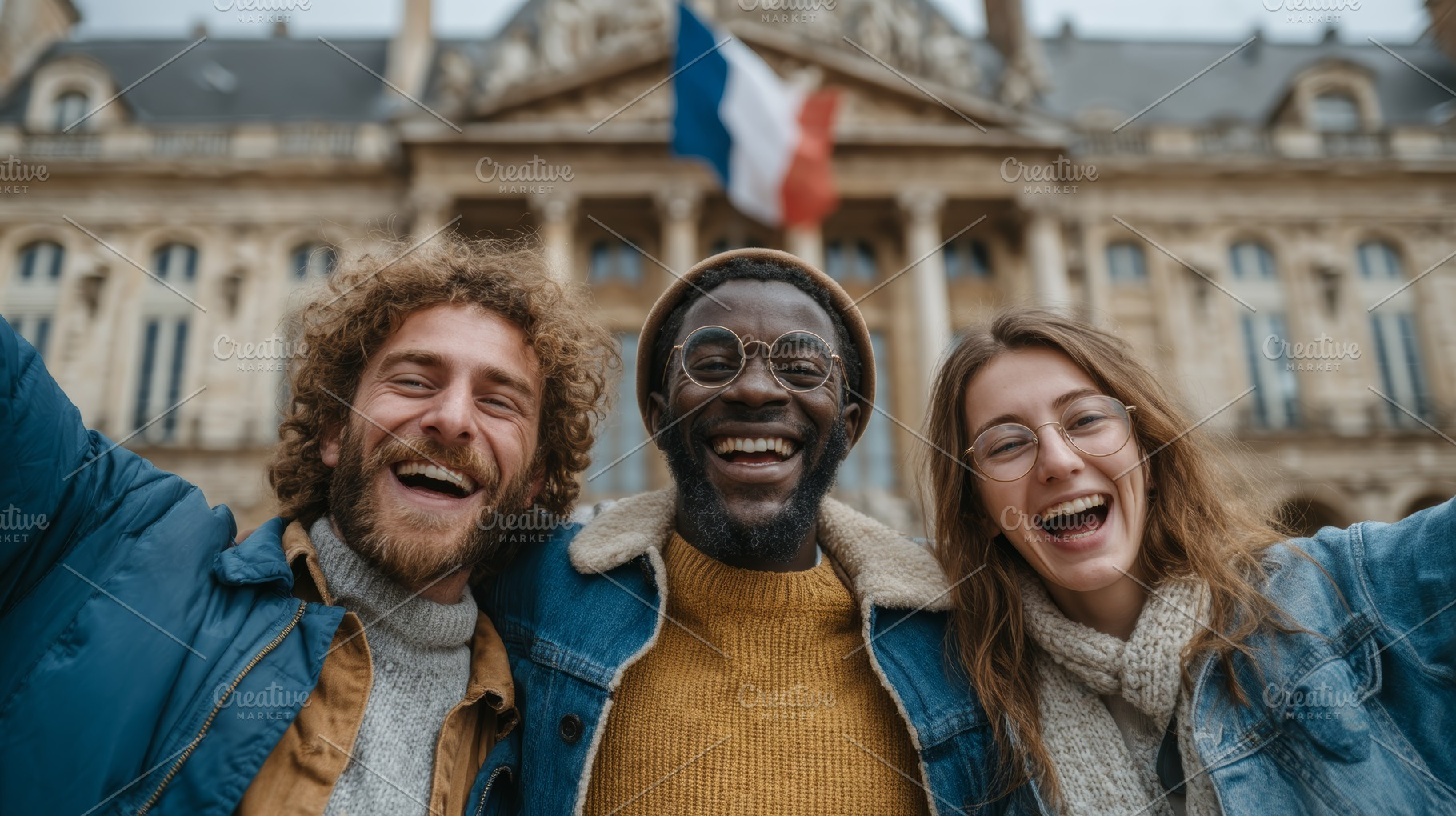 Multicultural group of friends in front of French building smiling and bonding, a Photo by AS photostudio