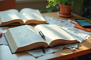 Study Table With Open Books And Note, a Photo by LOGOCREATIVE
