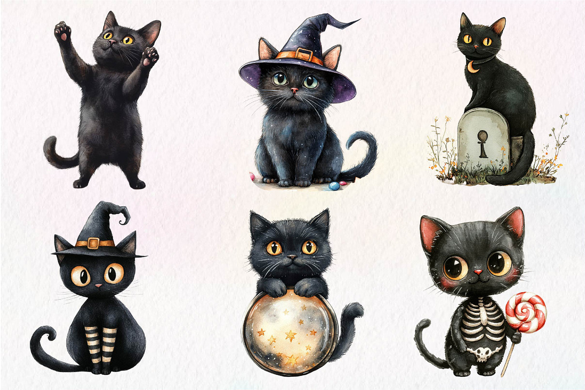 Halloween Whimsical Black Cat Clipar, an Illustration by Dream Creation (Photo 2 of 7)