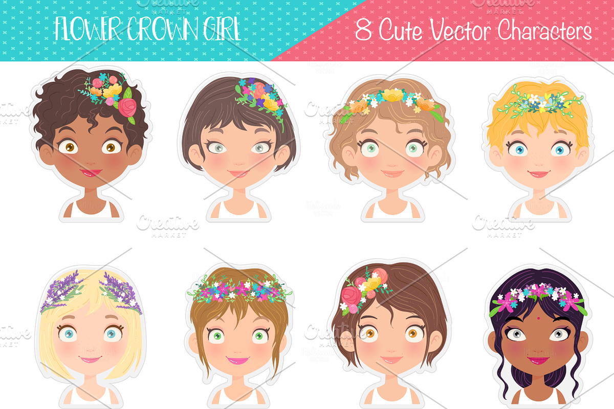 Flower Crown Girl Stickers, an Illustration by Melisende Vector