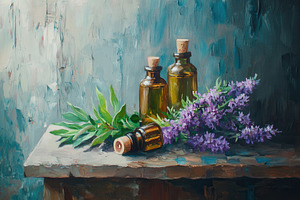 Essential oils, sage & purple flower, a Photo by Pavel_design