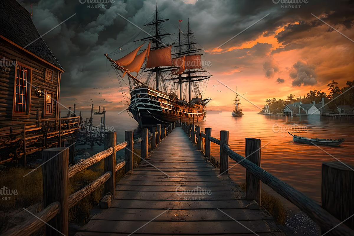Pirate port overlooking old sailing, an Illustration by Lopatin Photo