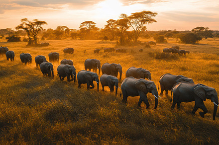 Elephant migration at sunset: A line, an Animal Photo by Pixeness