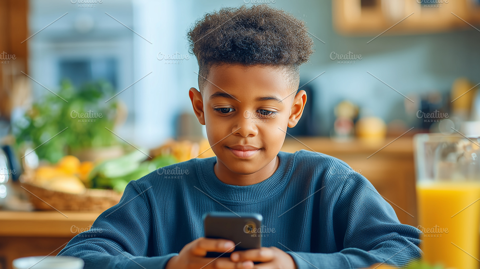 Young boy sits at a table using, a Technology Photo by MistyDay