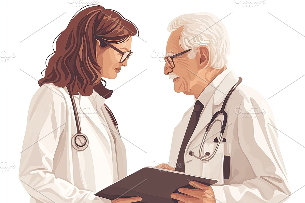 Two medical professionals discussing patient records in a clinical setting, an Illustration by AS photostudio