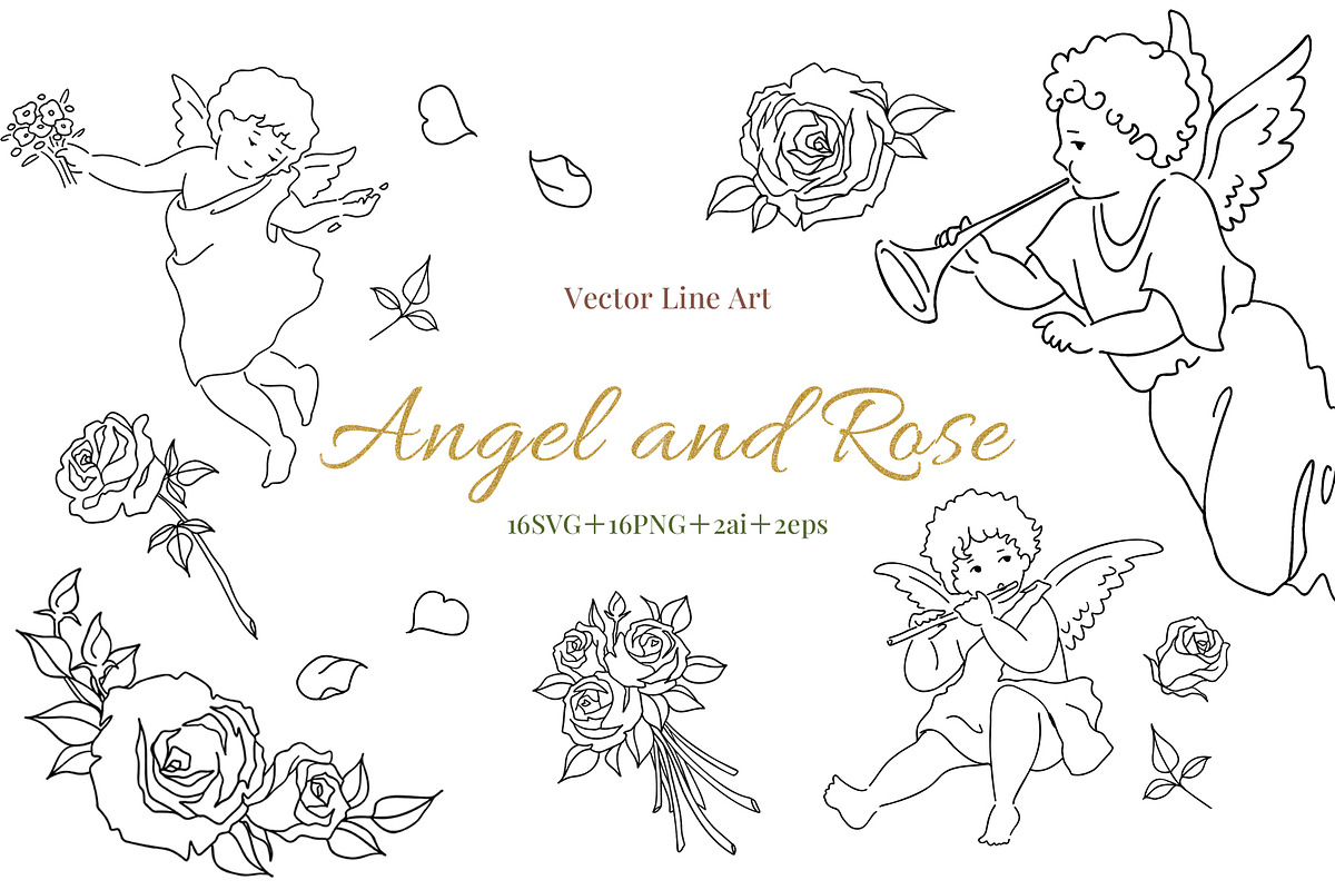 Angel and Rose Line Art Clipart Set, an Illustration by Gallery House (Photo 1 of 4)