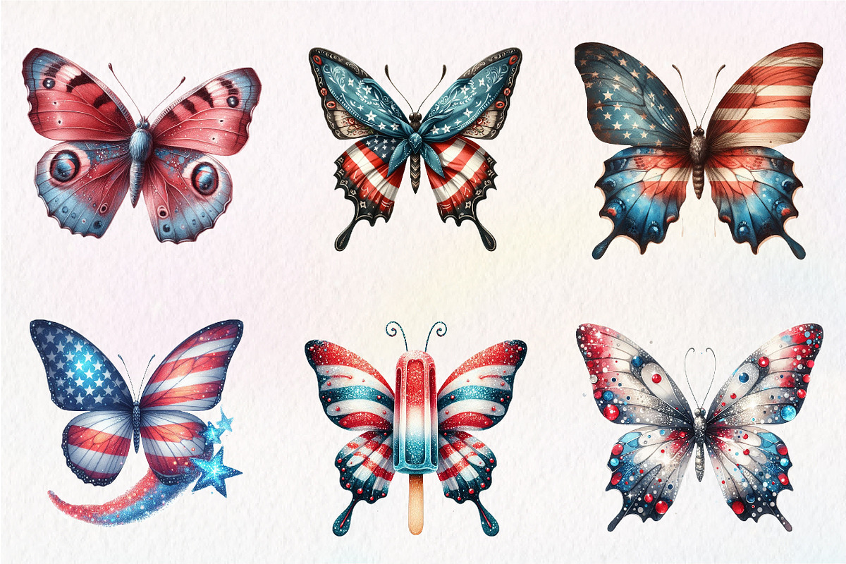Watercolor 4th of July Butterfly Cli, an Illustration by CreationArt (Photo 8 of 9)
