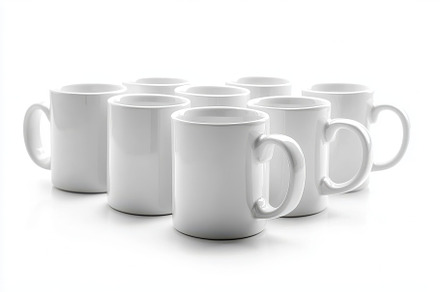 Six white mugs arranged on white bac, a Background Photo by Pixeness