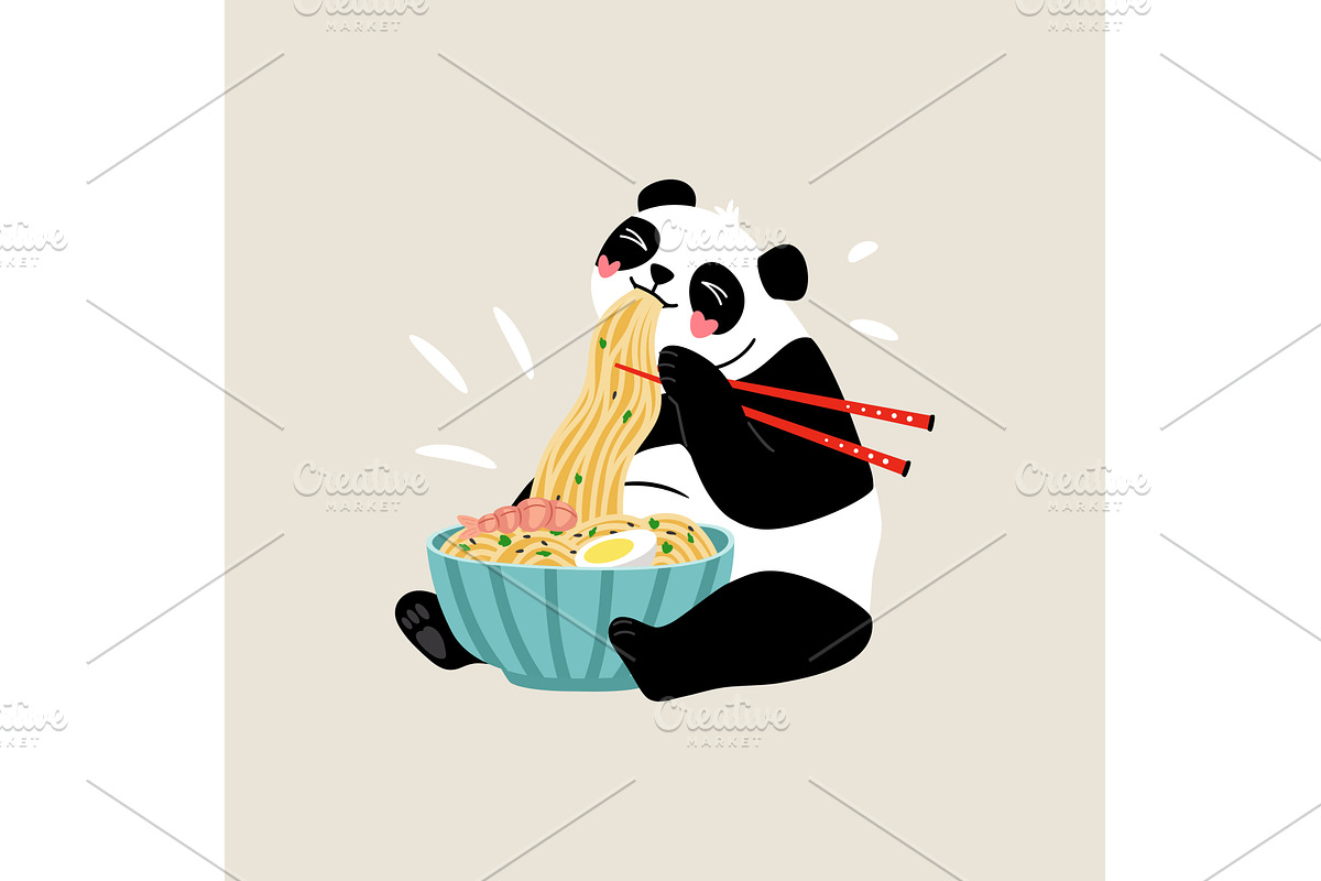 Happy panda with asian food noodles, an Animal Illustration by Stock-Smart-Start