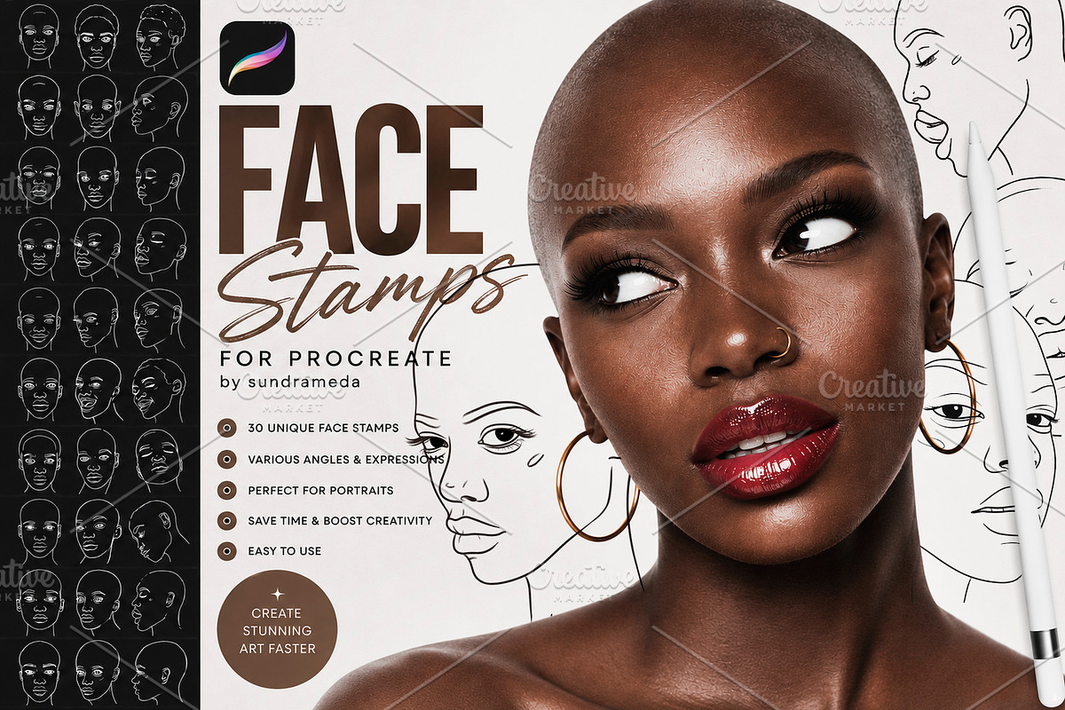 African Face Stamp for Procreate, a Brush Add-On by sundrameda (Photo 1 of 7)