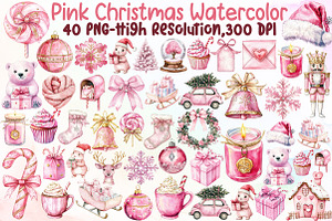 Pink Christmas Watercolor Clipart, an Illustration by Sublimation Artist