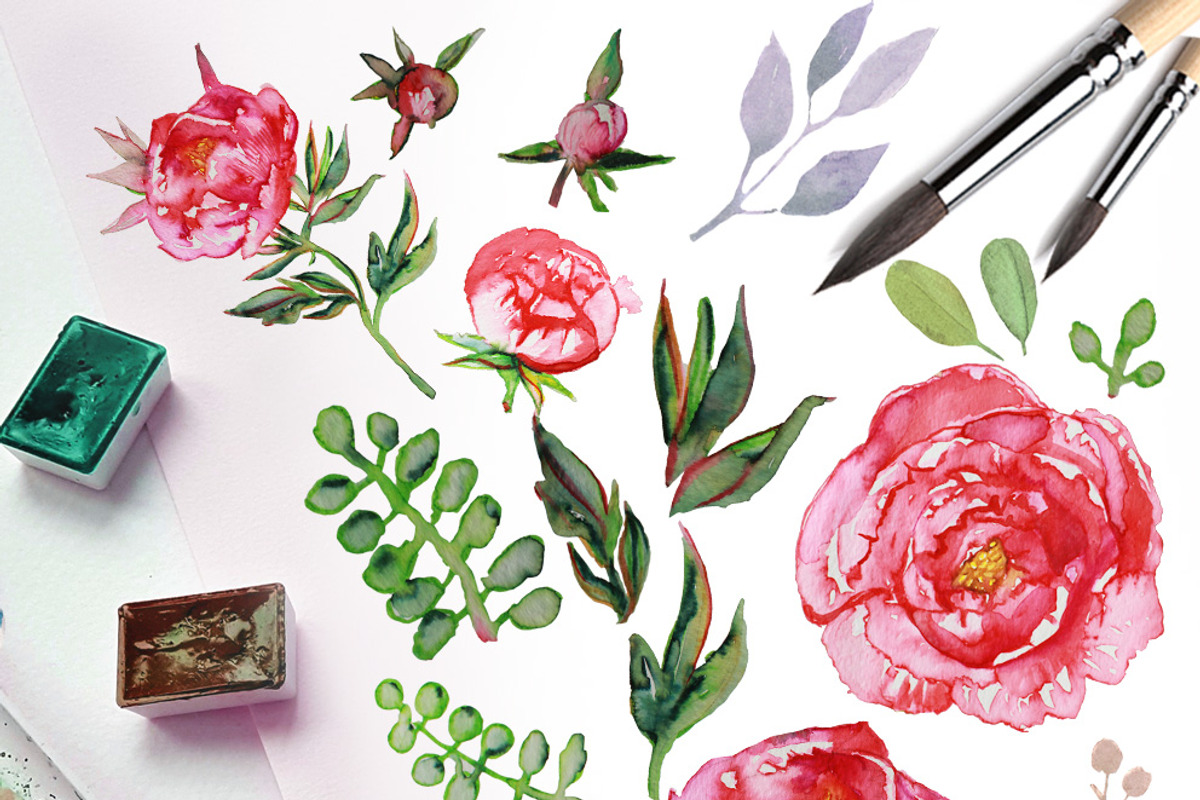 Watercolor clipart; Peony wreath, a Decorative Illustration by Download Graphic Art (Photo 2 of 8)
