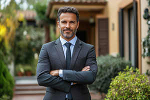 A confident realtor businessman standing with arms crossed in front of a modern, a Person Photo by Textures & Backgrounds