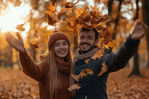 Young couple throw up the autumn leaves in the park, a Person Photo by AlyaAnd