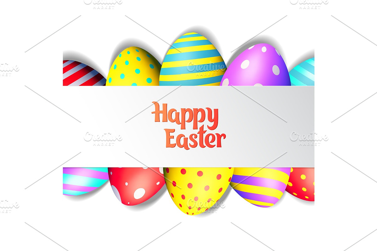 Happy Easter eggs and text on colored background with frame vector ...