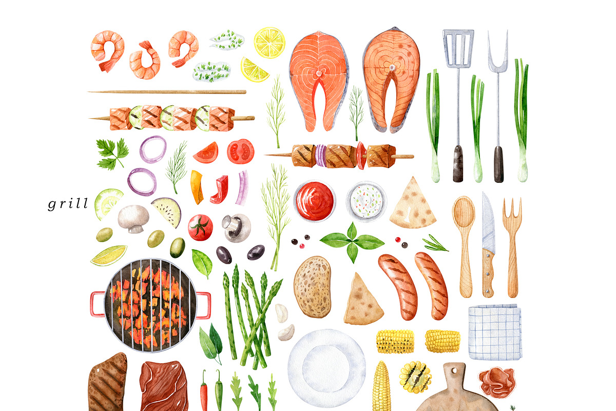 Grill and Picnic watercolor set, a Food Illustration by Natalia Fedorova (Photo 4 of 11)