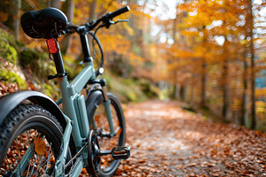 E-bike parked on a forest trail surrounded by autumn foliage and natural beauty, a Transportation Photo by AlyaAnd