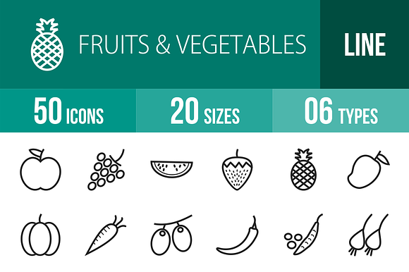 50 Fruits Vegetables Line Icons