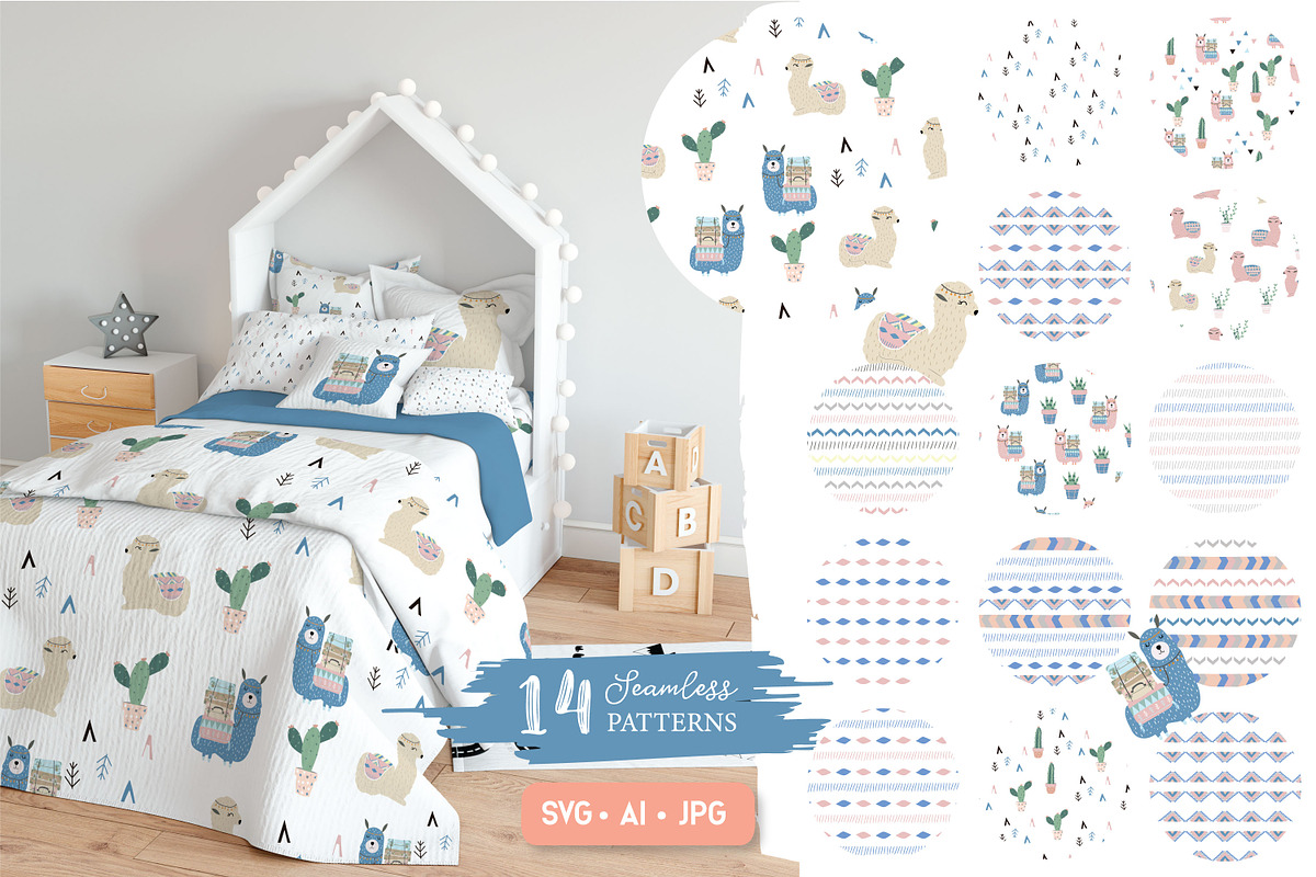 Cute llama set print and pattern, an Animal Illustration by Piixypeach (Photo 4 of 6)