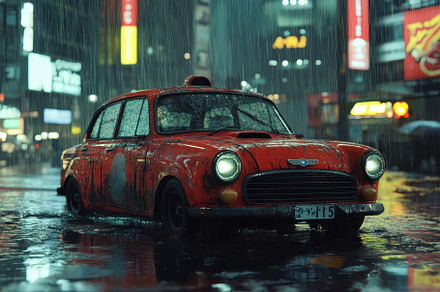 Dramatic red taxi car splashed by ra, a Photo by Iftikhar Alam