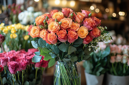Colorful bouquet of roses in a flori, a Photo by Tanuart
