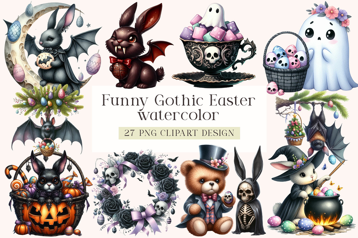 Funny Gothic Easter Clipart, an Illustration by DreamArtGraphic (Photo 1 of 4)