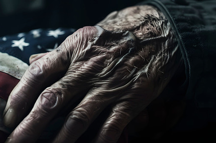 senior man with US flag, panoramic, generative AI, a Photo by Nito