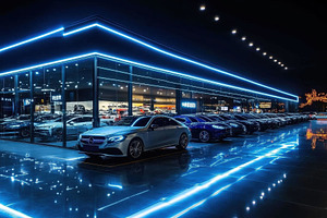 Modern car dealership illuminated wi, a Photo by Tanuart