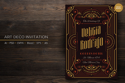 Art Deco Wedding Invitation (AI&PSD), a Card Template by naulicreative