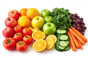 Assorted fresh fruits and vegetables on white background, a Food & Drink Photo by AlyaAnd