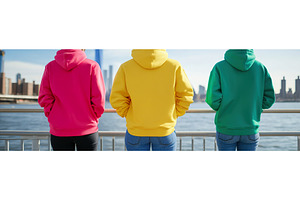 Three people in colorful hoodies, a Person Photo by Lermont51