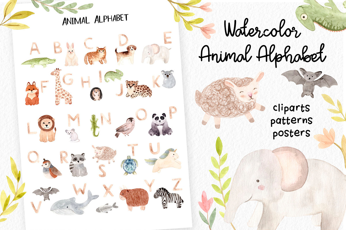 Watercolor Animal Alphabet. Cliparts, an Animal Illustration by Slastick (Photo 1 of 7)