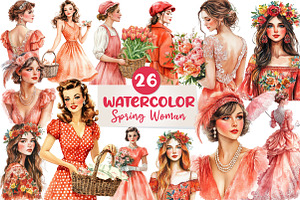 Coral Spring Vintage Woman Clipart, an Illustration by CreationArt