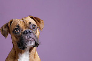 Curious boxer dog with expressive eyes looking up against a purp, an Animal Photo by José Manuel Gelpi