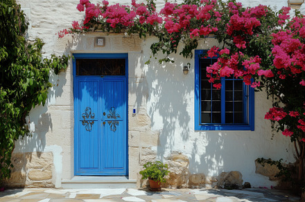 A charming white Mediterranean house with a vibrant blue door and window, adorn, an Architecture Photo by Textures & Backgrounds