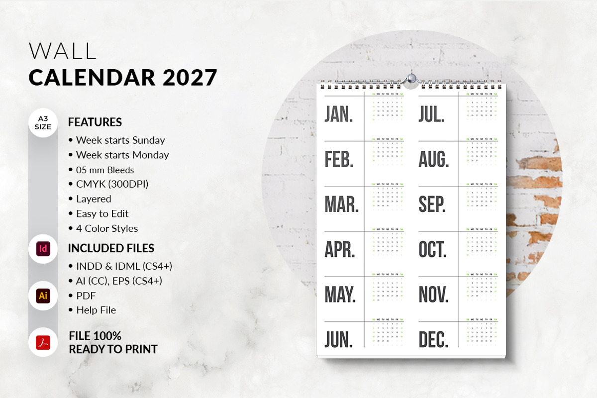 Minimal Wall Calendar 2027, a Stationery Template by MstArtwork (Photo 7 of 8)