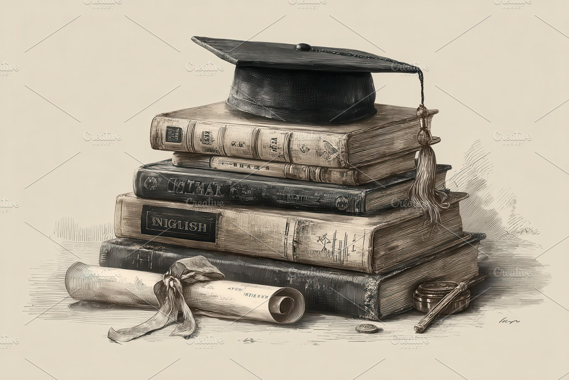 Graduation cap atop a stack of old b, a Photo by Pixeness Studio