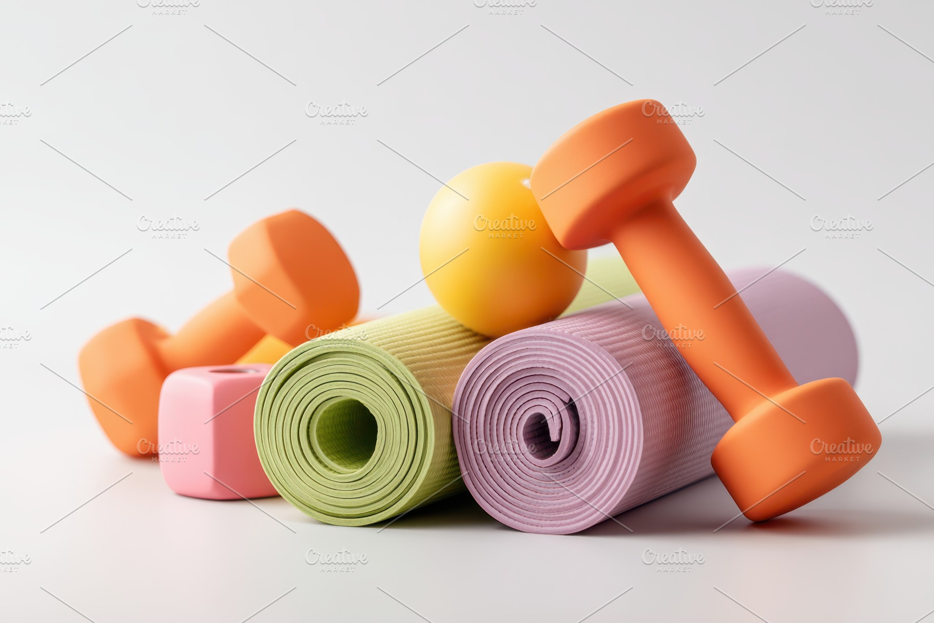 Colorful yoga mats with dumbbells and exercise ball, a Sports & Recreation Photo by AlyaAnd