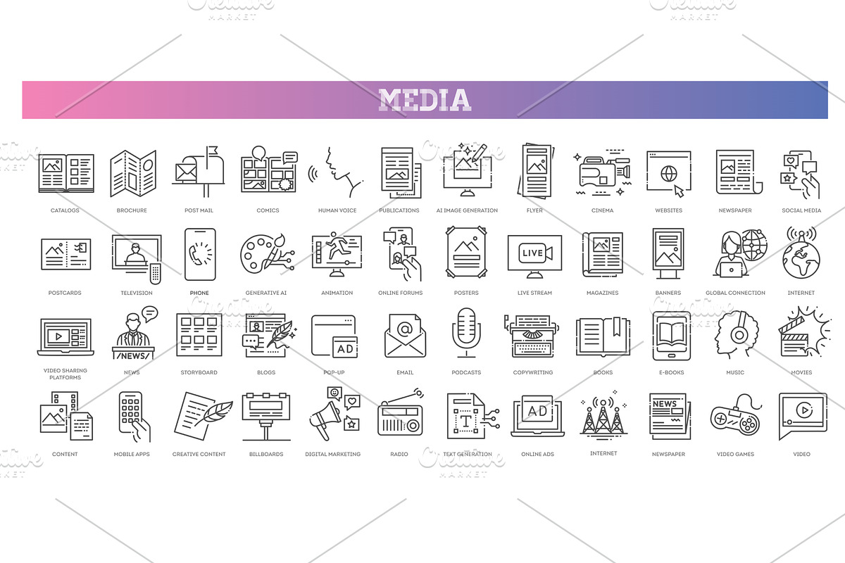 Mass media, social networks icons, an Outline Icon by Tettygreen